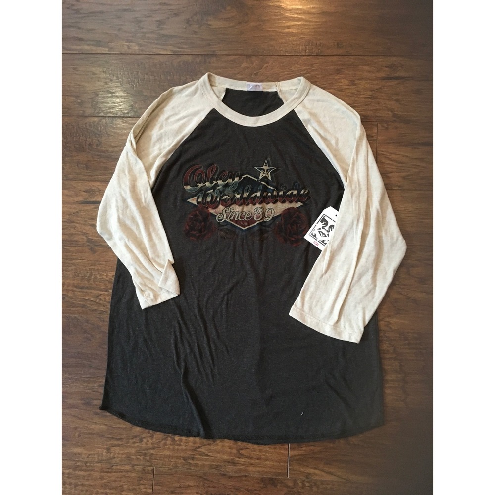 Obey Worldwide Since 89 Raglan Tee Graphite Heather Stone 3/4 Sleeve Mens Medium